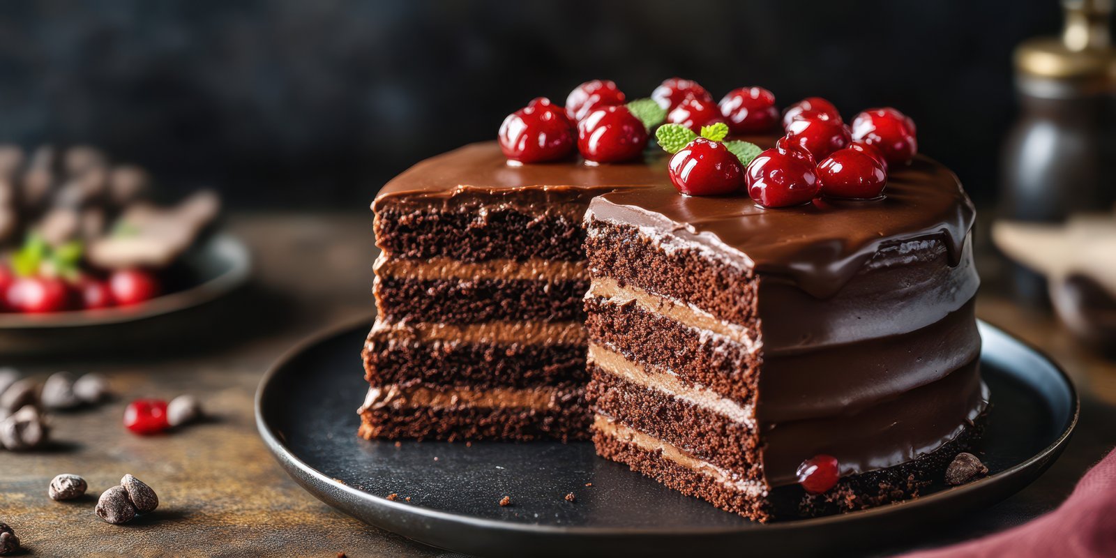 Delicious chocolate cake topped with cherries served on a dark plate in a rustic kitchen setting